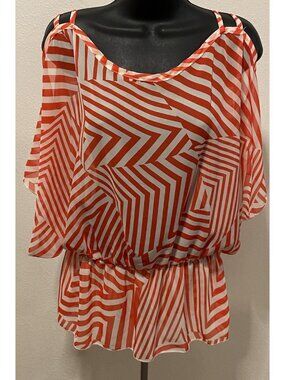 Women's Studio Y Medium Sheer Striped Shirt Elastic Waist